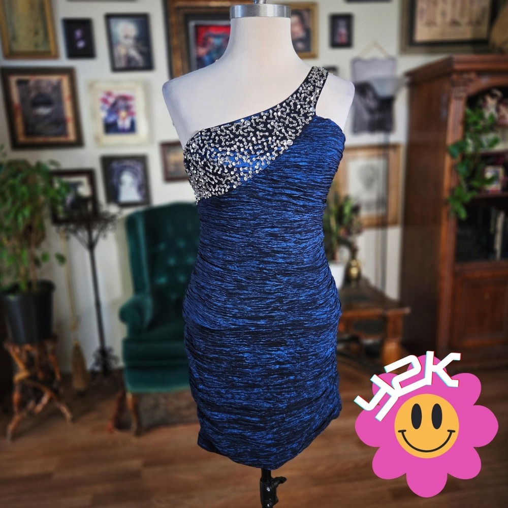 Foreign Exchange Blue Metallic One Shoulder Bodycon Mini Beaded Sequin‎ Dress